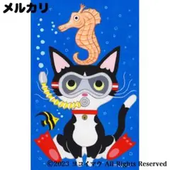 原画「海の中のハチワレ猫」猫/ダイビング/熱帯魚/辰年/アート/イラスト/絵画