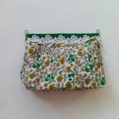 ⑤ ハンドメイド　バネポーチ　花柄　レース付き