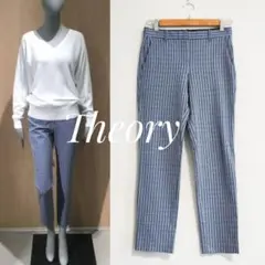 美品 theory ストレッチ テーパードパンツ ブルー 0 バーズアイ柄