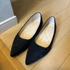 ブラックポインテッドトゥフラットシューズ大きいサイズ26 26.5