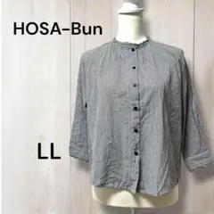 HOSABUN シャツ　七分袖　ノーカラー　ストライプ　綿100%　グレー　LL
