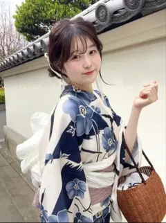 花柄浴衣セット　兵児帯　ピンク　ネイビー　ホワイト　大人花柄　和柄　モダン