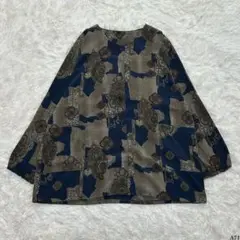 [美品] 総柄シャツ フリー ポリエステル ノーカラー 幾何学模様 ヴィンテージ
