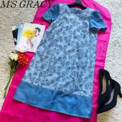 【美品】M'S GRACY リボン柄ワンピース 膝丈 半袖 ライトブルー 38