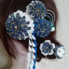 青と金の髪飾り＊つまみ細工　髪飾り