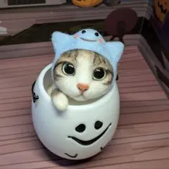 猫52⭐️キジシロ ハロウィン 羊毛フェルトネコ おばけ バケツ キジ白 飾り