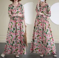 XL 新品　未使用　秋春　薄手　Aライン　花柄　薔薇　ピンク　マキシ　ゆったり