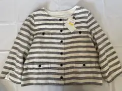 新品 自由区 ノーカラージャケット ボーダー 麻 リネン混 38
