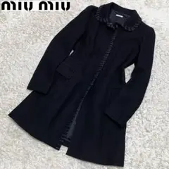 極美品 miumiu ウールコート モヘア混 切替 デザイナーズ ボタン 黒