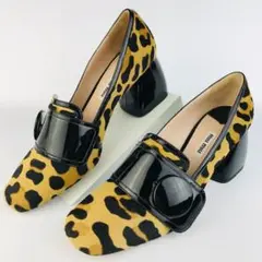 美品★miumiu・レディースビックボタンレオパードハラコパンプス(371/2)