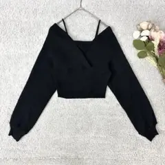 オフショルダー調長袖ニット　リブ　Vネック　キャミソール　レイヤード　ブラック