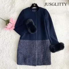 JUSGLITTY ノーカラーコート フォックスファー アンゴラアルパカ混