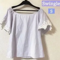 Swingle 半袖ブラウス　シャツ　フレアスリーブ　ストライプ　レース袖　紫
