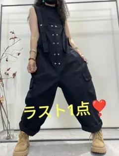 カッコイイ✨aコットンリネン サロペット ワイドレッグ ジャンプスーツ 黒