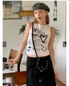 グラフィックプリントショート丈タンクトップTシャツ[ask117]