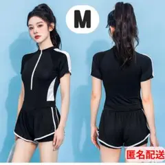 ▼新品　M　フィットネス水着 ワンピース 体型カバー スポーツ ジム プール 黒