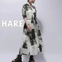 【ハレHARE 】コラージュフォトワンピース　バンドカラー　半袖シャツワンピース
