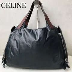 美品✨ CELINE ハンドバッグ スタッズ ロゴ型押し ラムレザー ネイビー