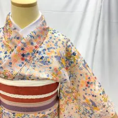 〔4918〕着物 小紋 化繊 袷 淡香色 ~151㎝