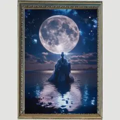 Ｐ1185 満月に祈る女神のヒーリングアート　月と水辺のスピリチュアル絵画