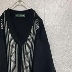 90S vintage 柄ニット 黒 メンズ M 個性派 刺繍 ワンポイント