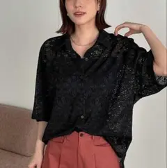 無地 レースドロップショルダー ルーズシャツ シアーブラックL