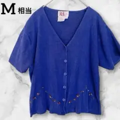 1点物✨R&K 半袖カーディガン【M相当】コットンカーデ ブルー　花刺繍