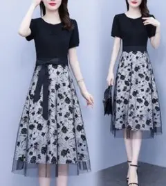 【定番商品】ワンピース　ブラック　花柄　オシャレ　レディース　XL