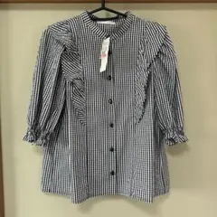新品 しまむら Amista ギンガムチェックブラウス 5部丈ブラック サイズL