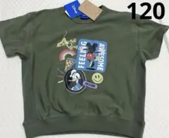 120 ミッキー 半袖 スウェット Tシャツ カーキ ワッペン レトロ