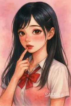美少女イラスト 制服の黒髪 赤リボンと秘密の仕草 No.28