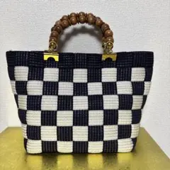 ハンドバッグ 白 紺 格子 ネイビー ホワイト チェック 木製ハンドル