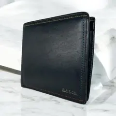 美品 ポールスミス メンズ 折り財布 二つ折り ネイビー レザー ステッチ