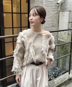 フリンジ付きベージュニットセーター　mystic