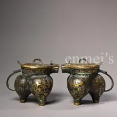 中国古美術・珍蔵純銅製・鎏金酒杯・高浮彫船型三足酒具・茶道具・酒器・風水置物 中国古美術・珍蔵純銅製・鎏金酒杯・高浮彫船型三足酒具・茶道具