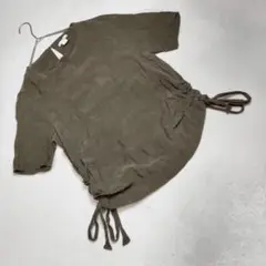 良品★H＆M カットソー 半袖 サイドリボンギャザー ボートネック カーキ L