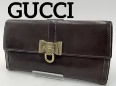 ※GUCCI グッチ 長財布 ダブルホック リボン ブラウン オシャレ