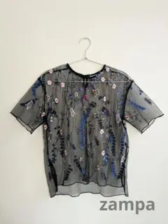 ★style zampa 　シアー　フラワー　蝶　花　刺繍　黒　Tシャツ