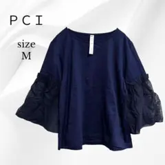 PCI フレア袖 5分袖 トップス シフォン ネイビー 透け感 M