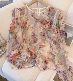 SHEIN 花柄シアー　フリルシャツ M