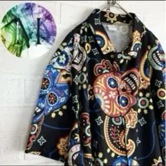 新品　未使用　ビッグ　スカル　カラフル　アロハ　シャツ　メンズ　チャイハネ　黒
