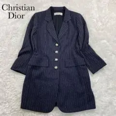 極美品✨クリスチャンディオール ロングコート 銀ボタン ストライプ 19号 紺
