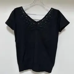 【新品未使用品】ブラック Vネック ビジュー ニット 半袖