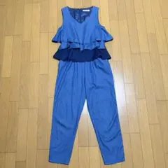 デニム風 オールインワン ぺプラム フリル 綿 レーヨン