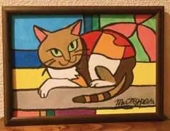 【見つめる猫】　原画　絵画　クレヨン画　パステル画　オイルパステル　CAT