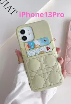 iPhone13pro ケース キルティング ポケット付き グリーン