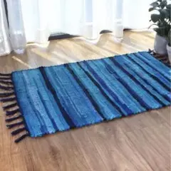 青と黒のストライプラグ フリンジ付き