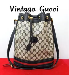 超美品 極上!Gucci シェリーライン 巾着型ショルダーバッグ ネイビー