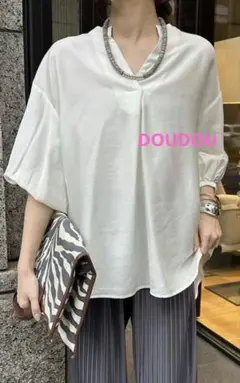 【美品】DOUDOU 7分袖 ラインスキッパーシャツ