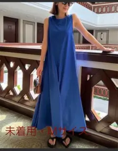 神戸レタス・シワになりにくい Aラインコットンタッチワンピース・青・Mサイズ